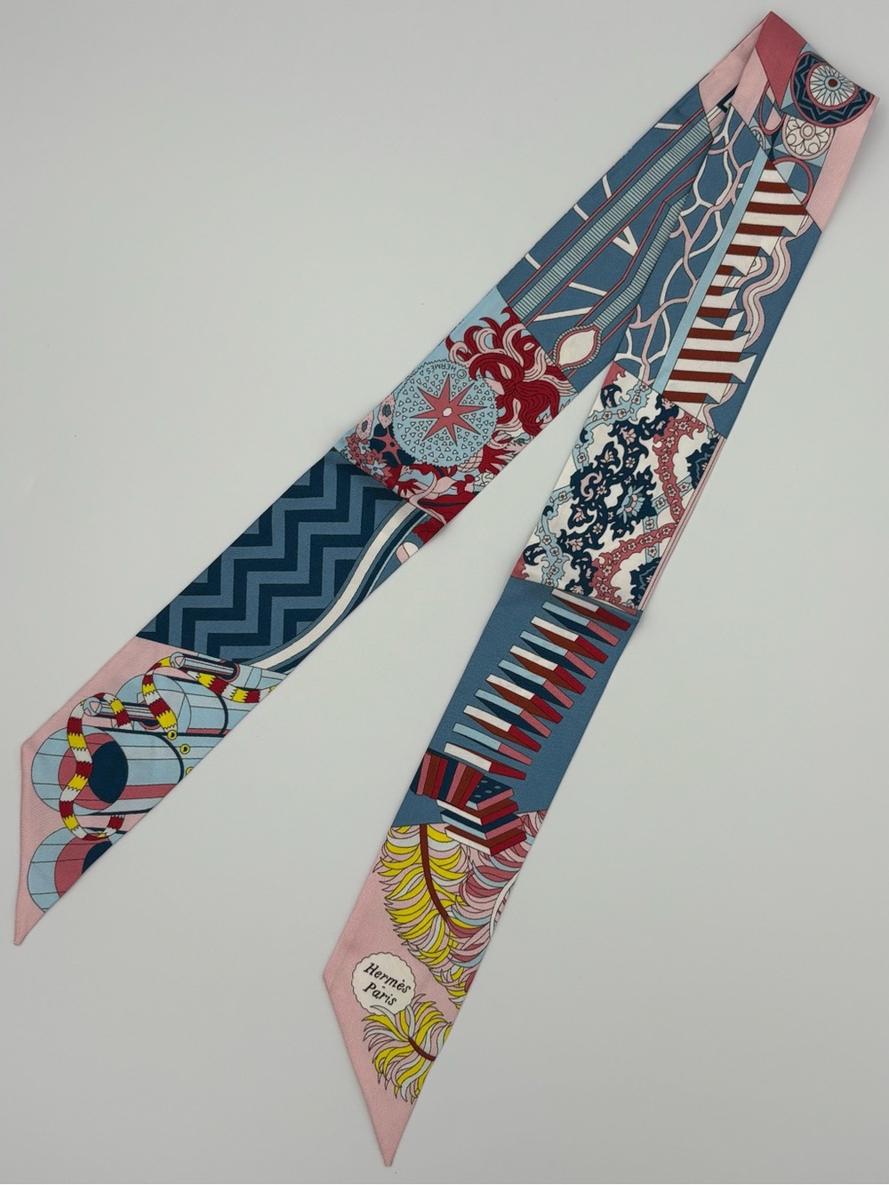 Hermes Twilly Scarf Pink Blue Multicolor Pattern Bag Handle Wrap Accessory